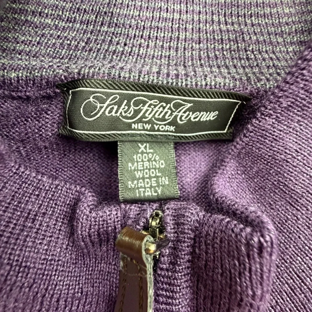 Saks Fifth Avenue Mens XL‎ 100% Merino Wool Quarter Zip Sweater Purple Italy
